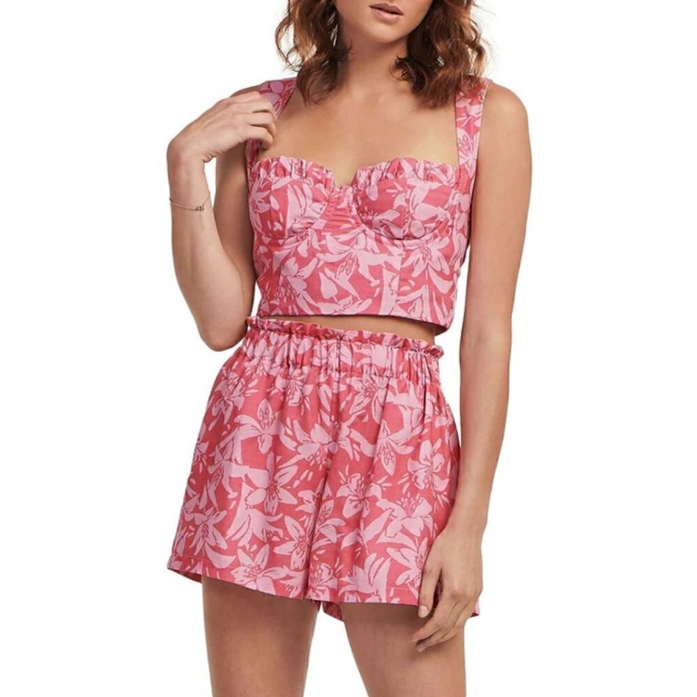 NWT Charlie Holiday Tropical Hibiscus Pink Linen Crop Top Shorts Set Small 4.